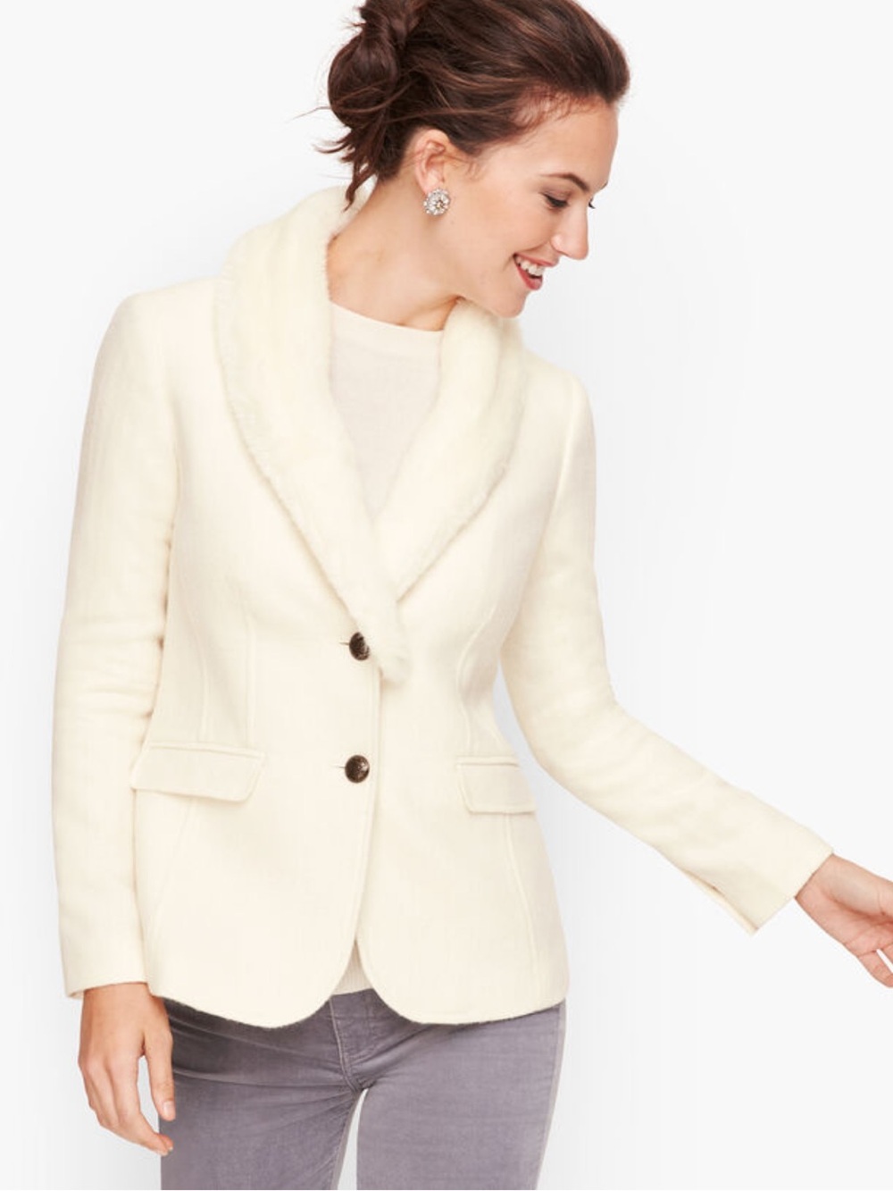 Talbots Cream Shetland Wool Blazer with Removable Faux Fur Shawl Collar